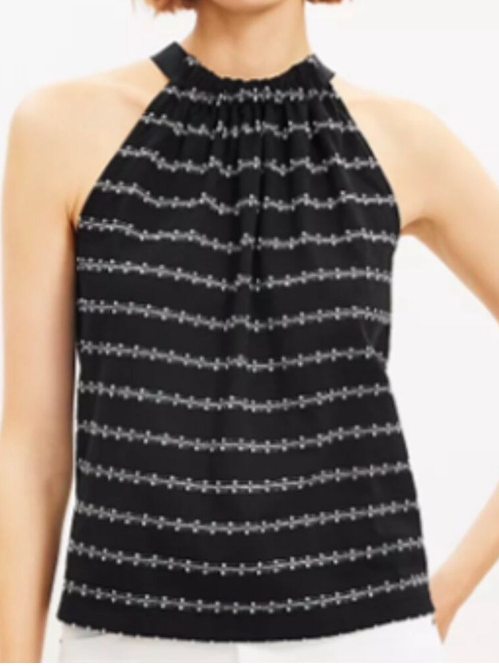 LOFT Textured Halter Shell Top Black White Embroidered Sleeveless Blouse M